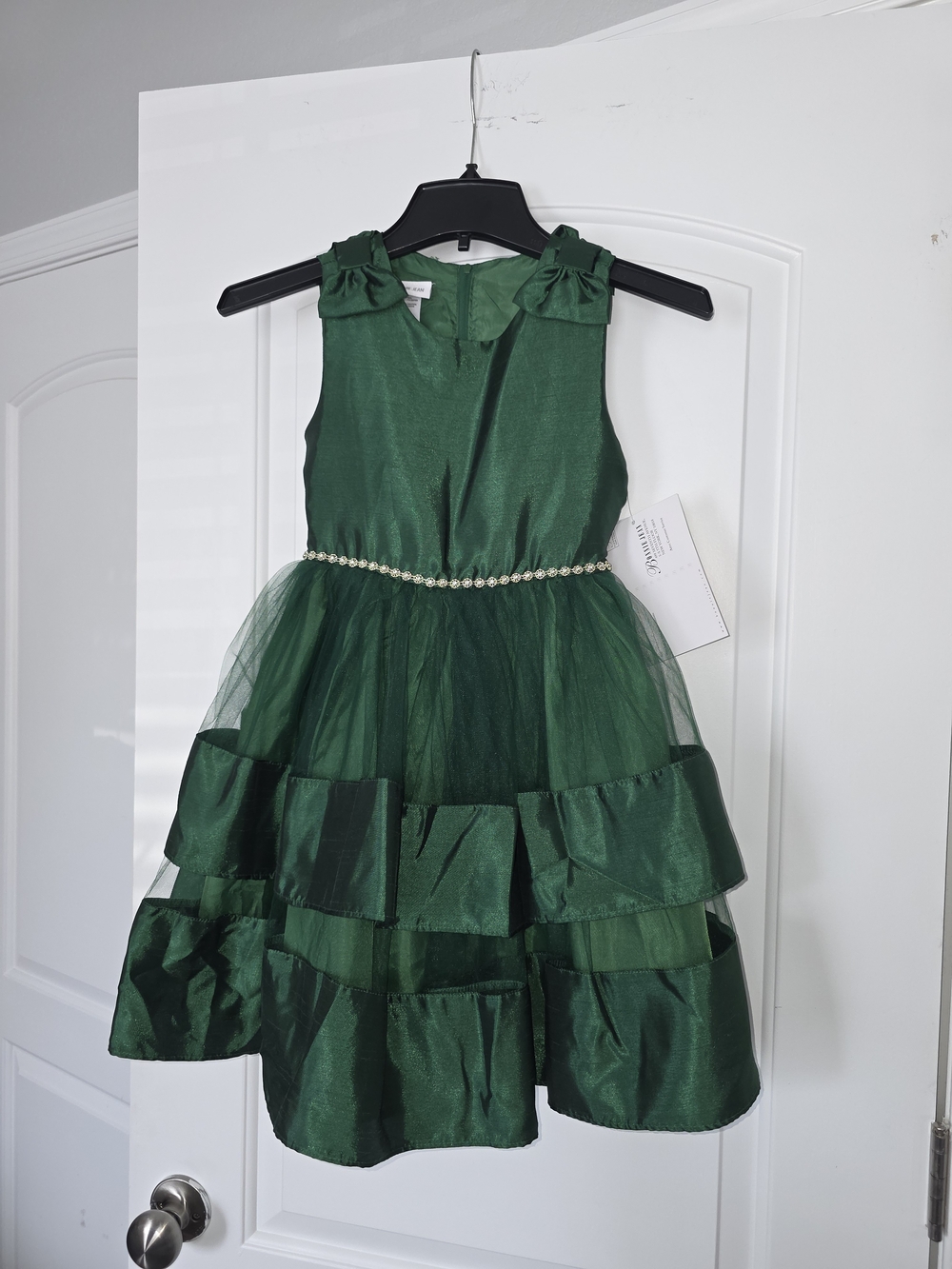 Bonnie Jean Shimmering Dark Green Tulle Dress with Jeweled Waist